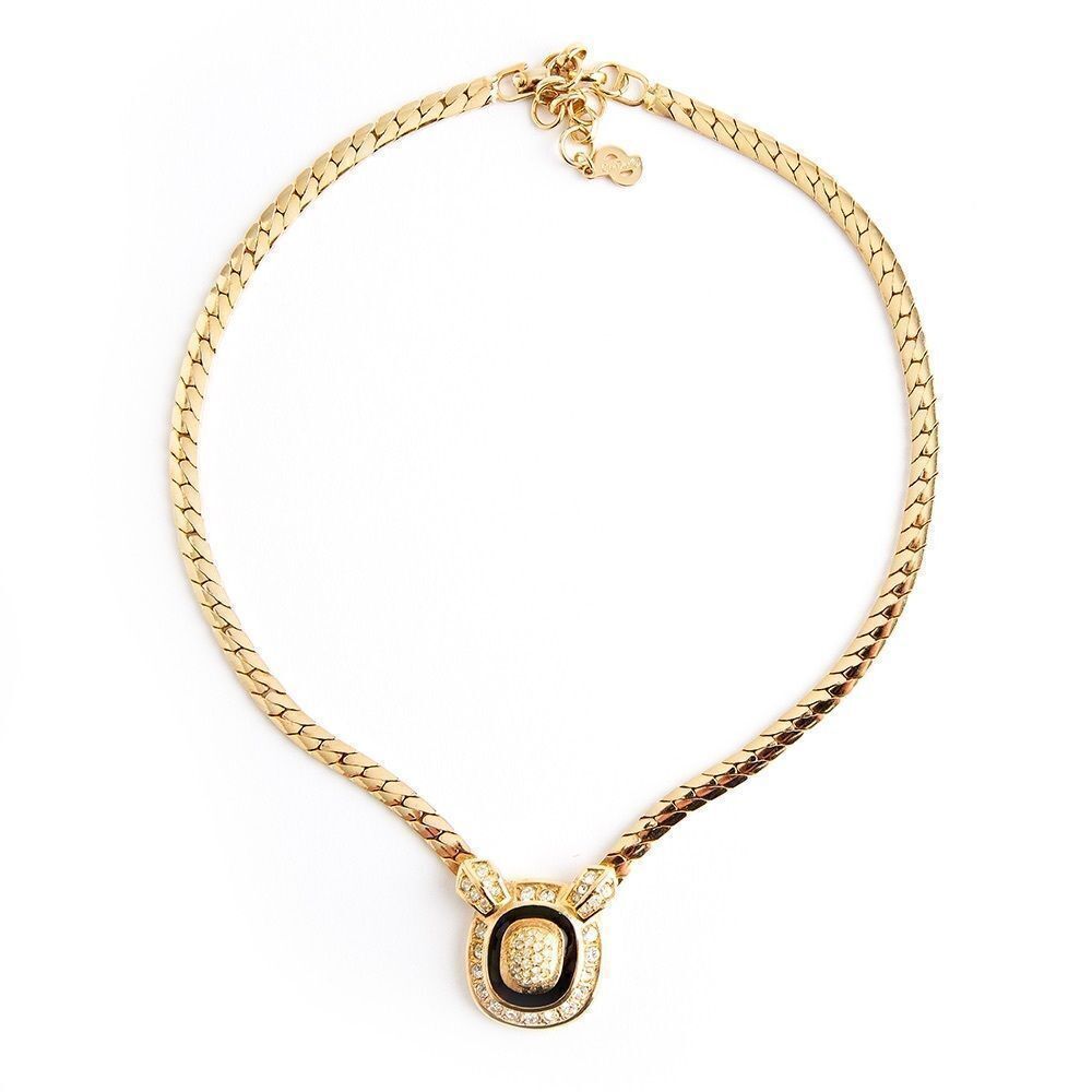 Vintage Christian‎ Dior shiny gold tone necklace with rhinestone pendant!